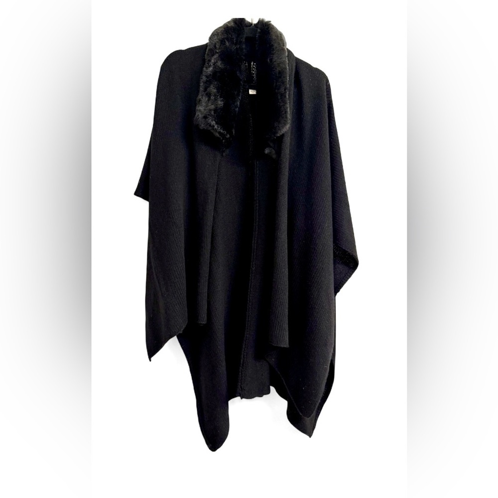 Black Faux Fur Collar Knit Shawl Poncho Topper Wrap